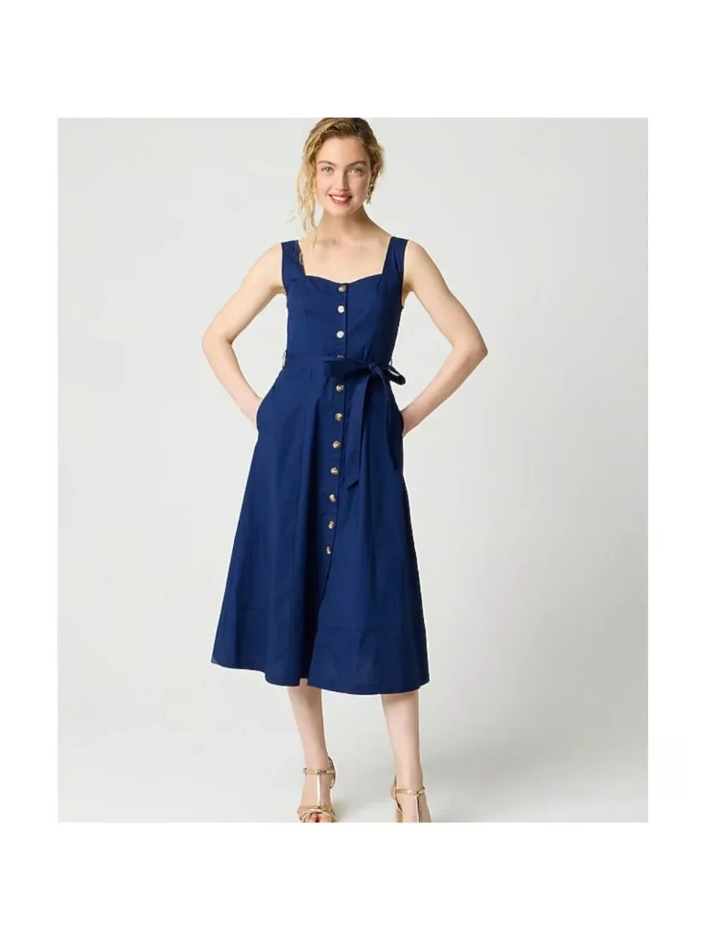 J.Crew Factory Button-Front Belted Midi Dress Antique Navy Women’s Size 10 - Picture 4 of 16